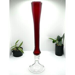 Tall Elegant Red & Clear Glass Vase For Home Decor Or Floral Arrangements